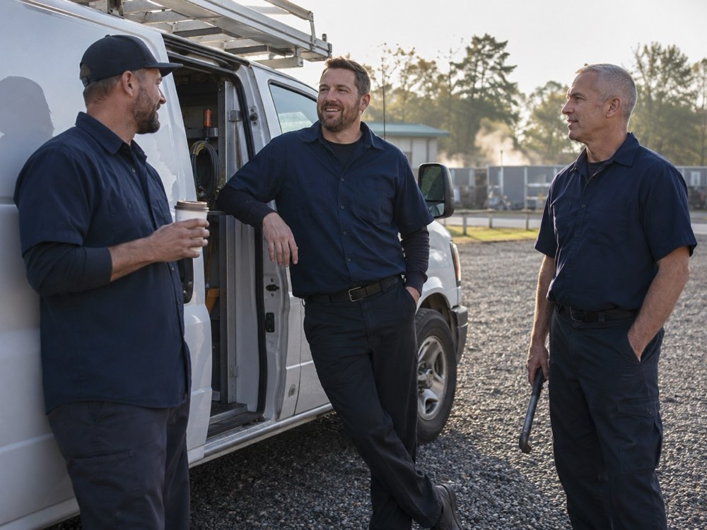 Three technicians in work shirts by a service van