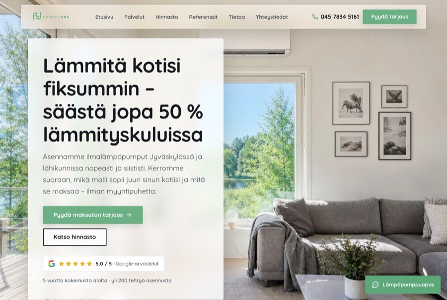 Homepage of PumppuPro, a heat pump company in Jyvaskyla, Finland