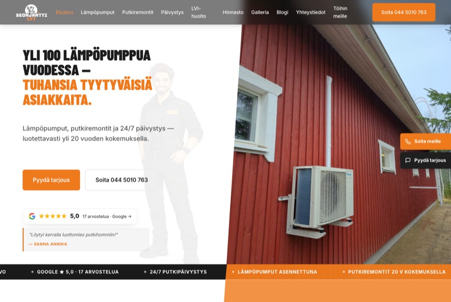 Homepage of Seonjantti Oy, a plumbing and heat pump company in Siilinjarvi, Finland