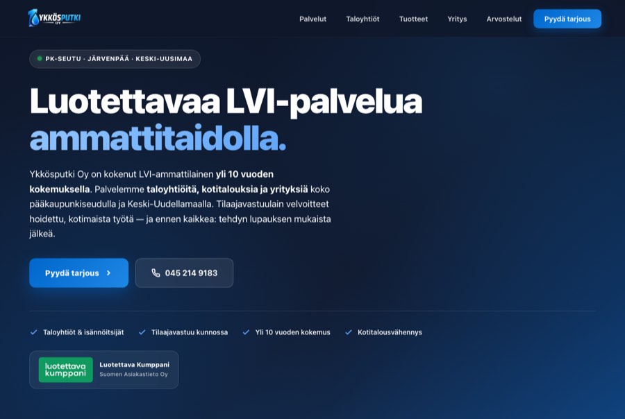 Homepage of Ykkosputki Oy, a plumbing company near Helsinki, Finland